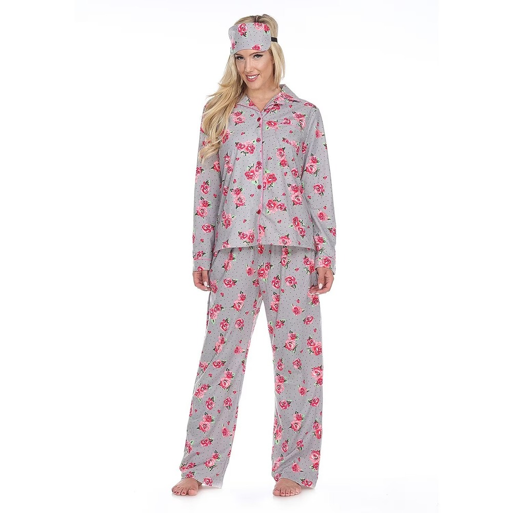 NWT White Mark Women's L Grey Rose 3 Piece Long Sleeve Pants Pajama Set Nightwe